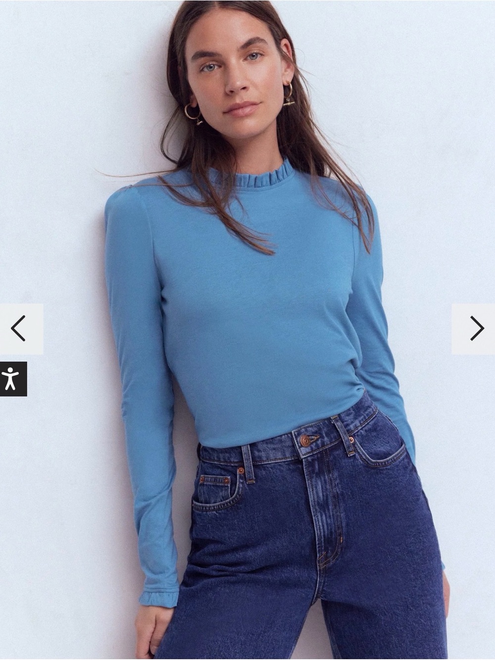 Boden Sky-Blue Ruffled Mock-Neck Long Sleeve Top